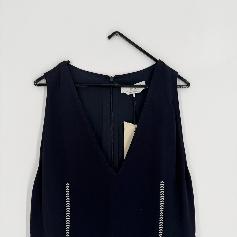 Gabriela Hearst Annabelle Navy W/ Herringbones V Neck Flared Skirt Midi Dress